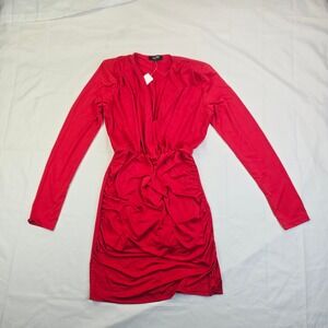 Love Star Women Mini Dress Size Large Red Long Sleeve Ruched V-Neck Bodycon F56
